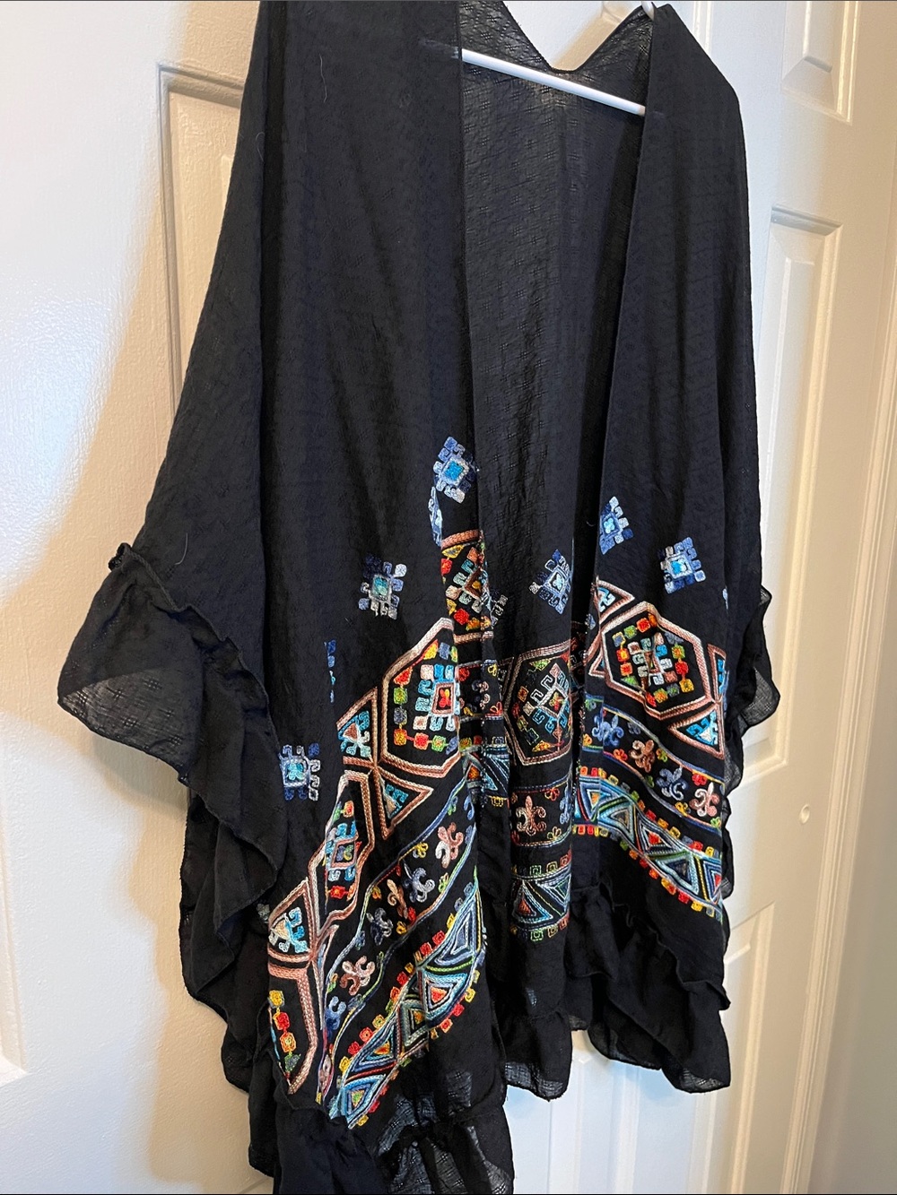 Colorful Black Kimono Open Front Cardigan Duster Geometric Design Tribal Size OS - Picture 2 of 8